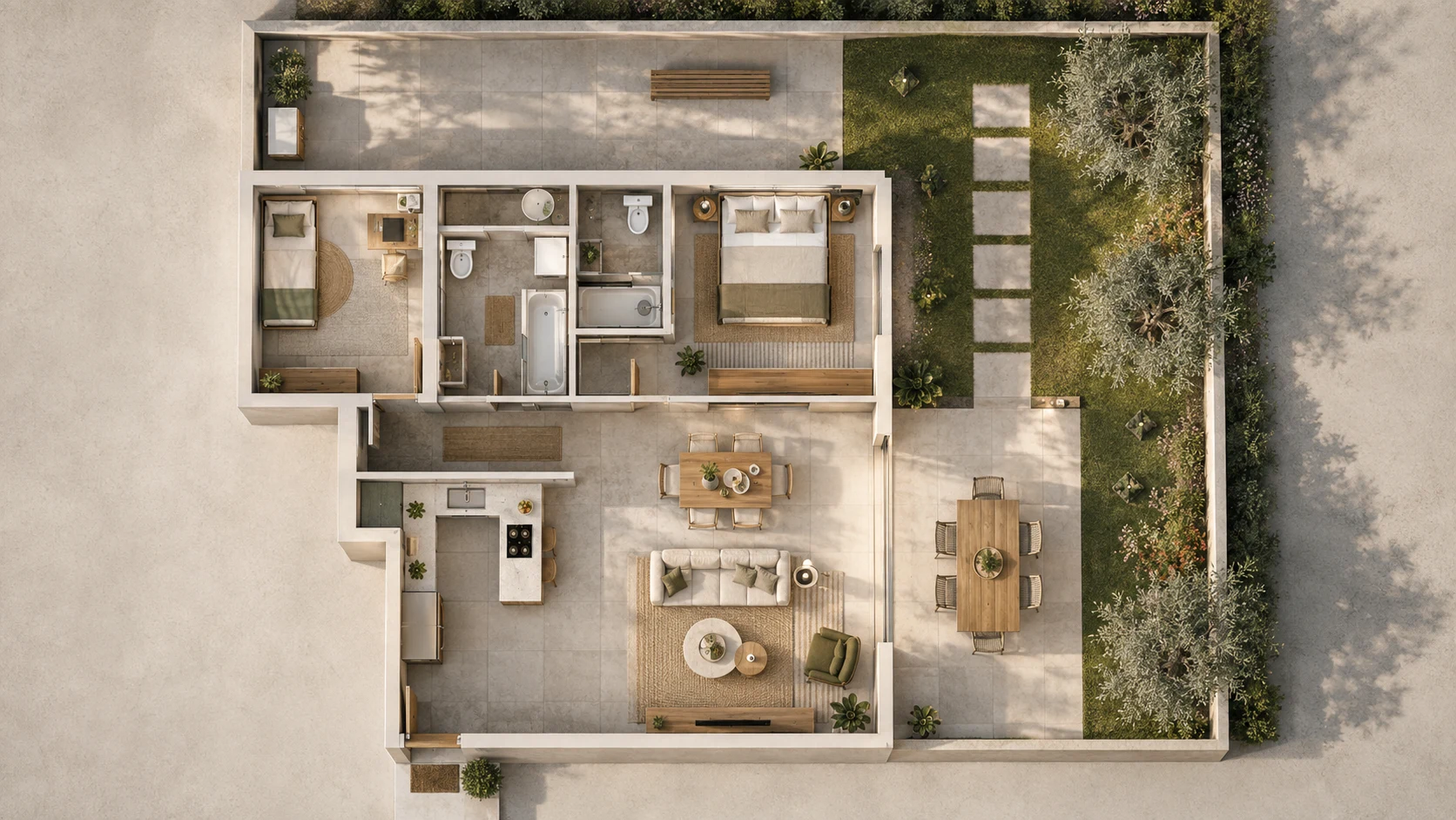 Illustrative overhead view of the apartment and terrace