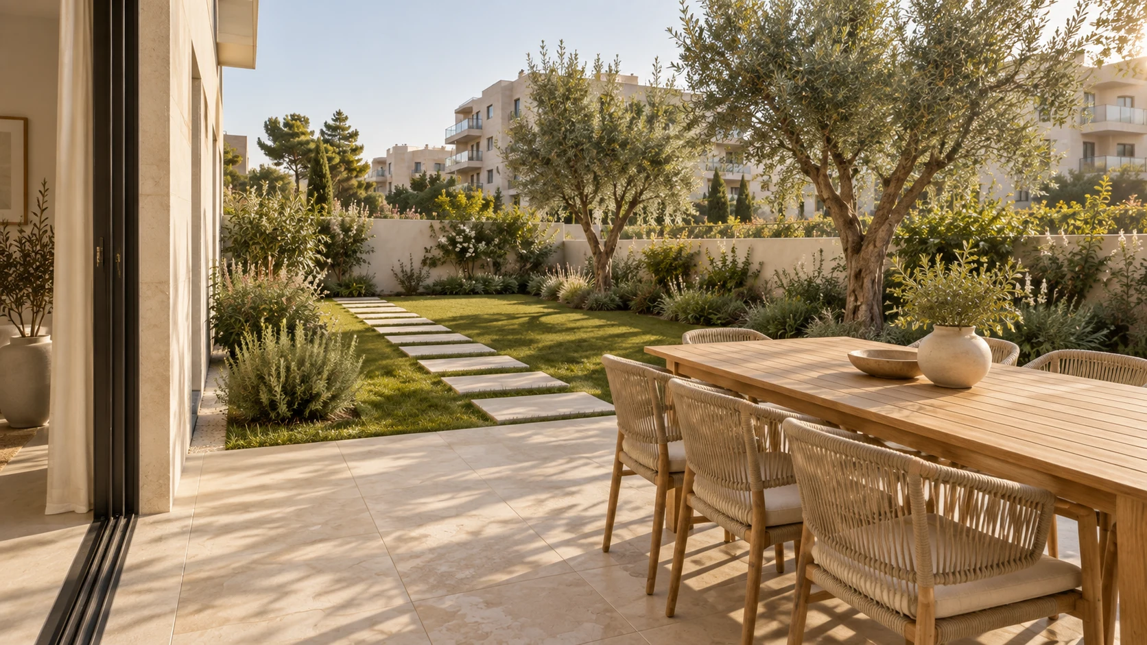 Proposed terrace design with outdoor seating and an illustrative Israeli neighborhood outlook